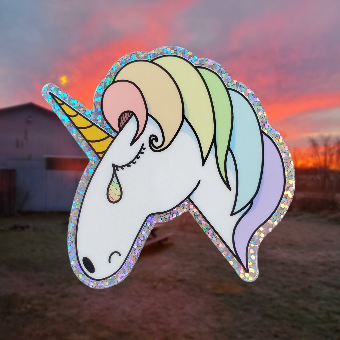 Sad Unicorn Tear Vinyl Glitter Sticker