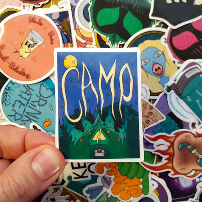 Camp Poster Hand-Cut Vinyl Sticker, Tent and Campfire Decal