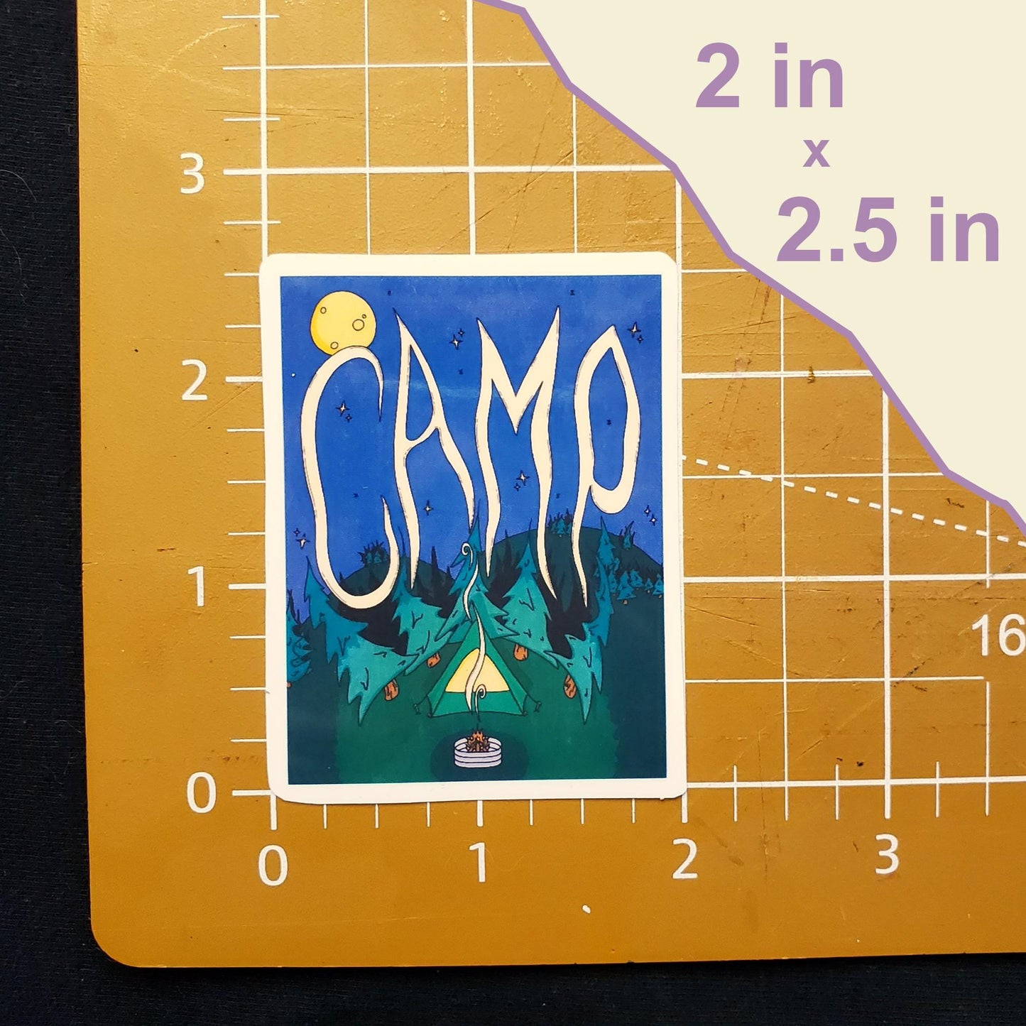 Camp Poster Hand-Cut Vinyl Sticker, Tent and Campfire Decal