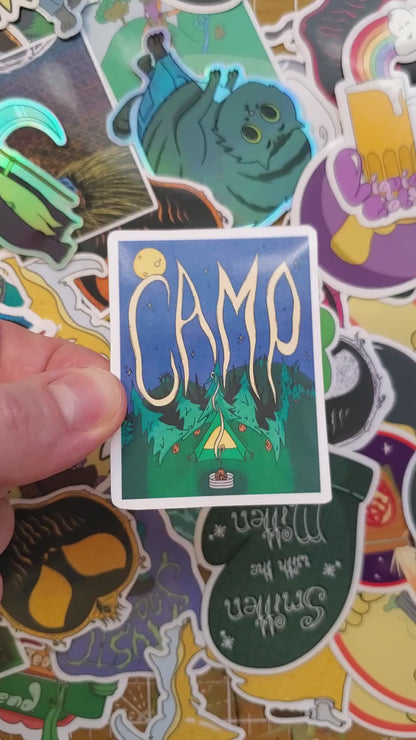 Camp Poster Hand-Cut Vinyl Sticker, Tent and Campfire Decal